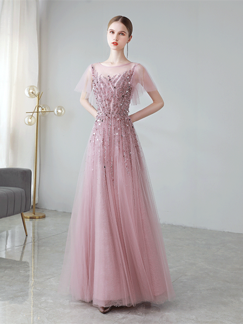 Pink Tulle Illusion Neck Beading Sequins Prom Dress