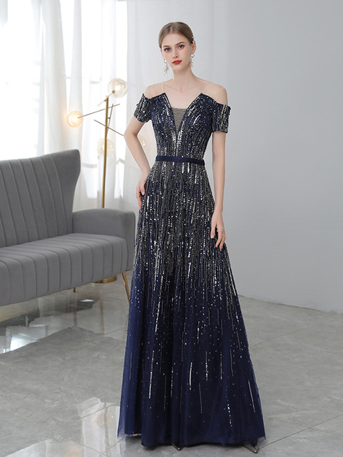 Navy Blue Tulle Sequins Short Sleeve Prom Dress