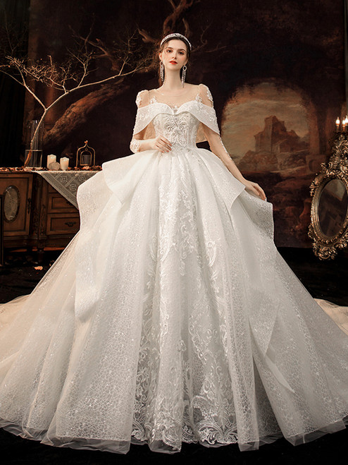 White Tulle Lace Appliques Beading Wedding Dress