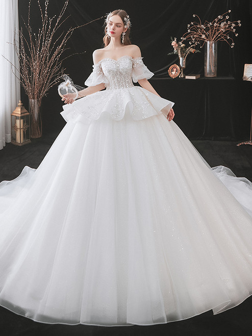 White Tulle Off the Shoulder Puff Sleeve Beading Wedding Dress