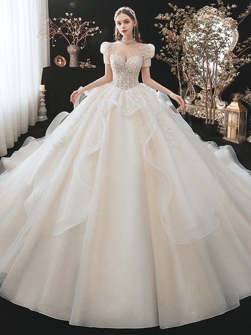 Champagne puff sleeve ball gown wedding dress with sequins and high neck