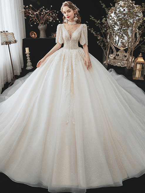 Tulle Sequins Short Sleeve Illusion Neck Beading Wedding Dress