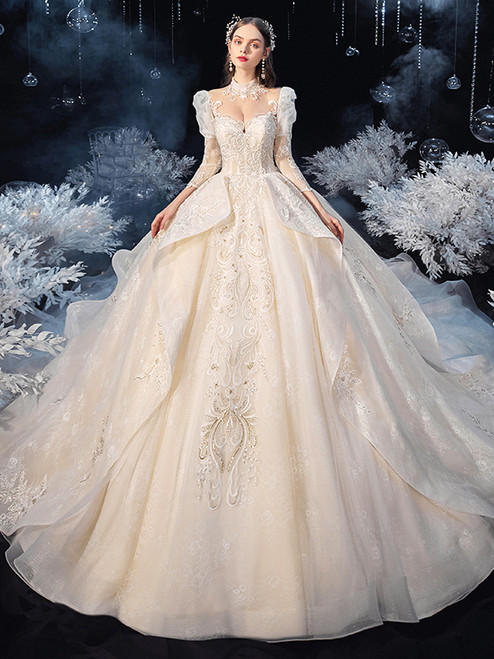 Long Sleeve Tulle High Neck Beading Pearls Wedding Dress