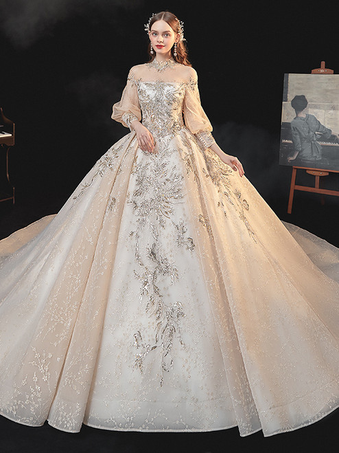 Dark Champagne Tulle Long Sleeve Sequins Appliques Wedding Dress