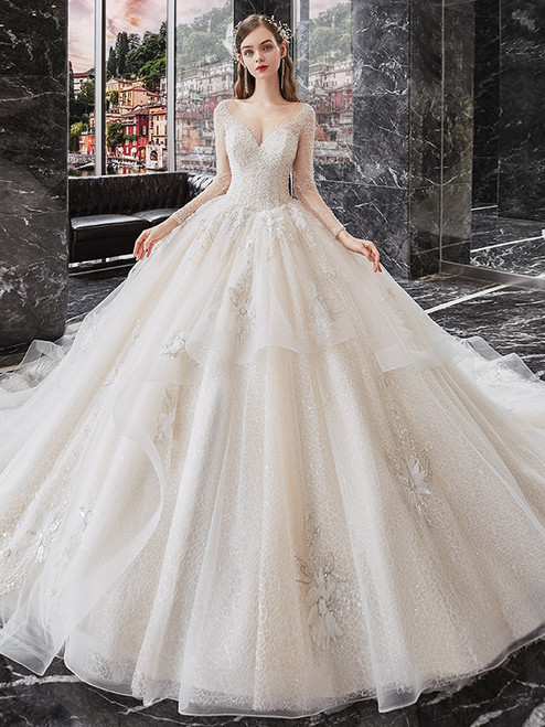 Tulle Sequins Long Sleeve Sequins Beading Wedding Dress