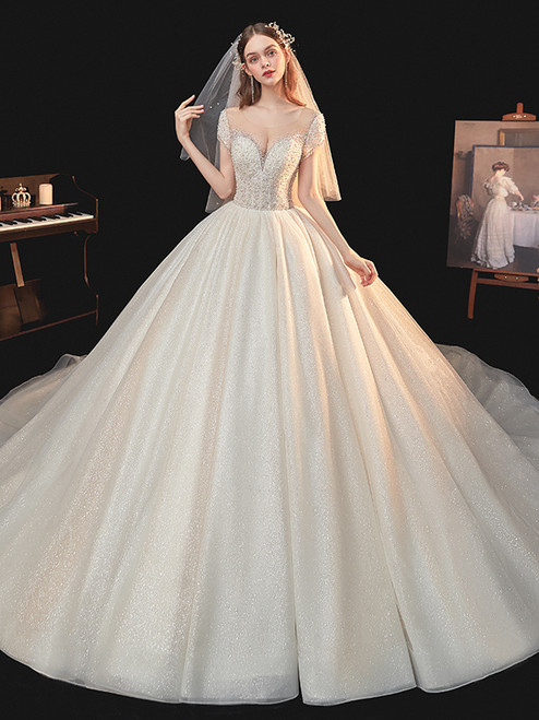 Tulle Sequins Beading Open Back Cap Sleeve Wedding Dress