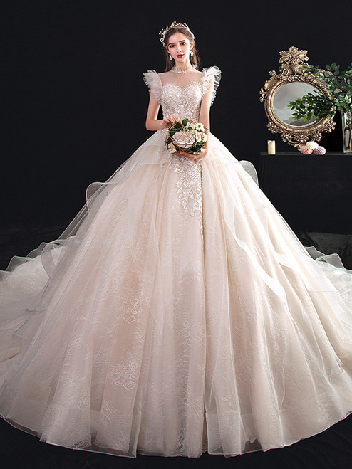 Illusion Neck Tulle Lace Backless Pearls Wedding Dress