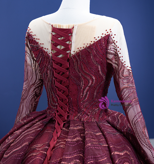 Burgundy Lace Appliques Long Sleeves Tulle Ball Gowns Prom Dresses S20959 main image 1