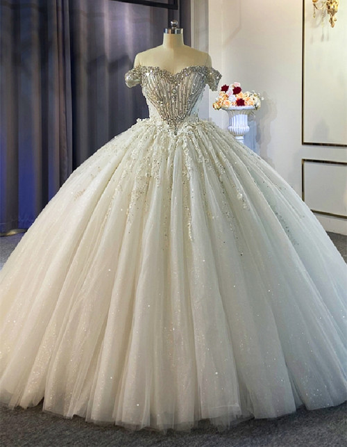 Tulle Sequins Appliques Off the Shoulder Beading Wedding Dress