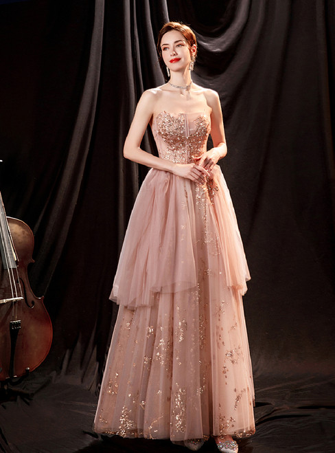 In Stock:Ship in 48 Hours Pink Strapless Sequins Prom Dress
