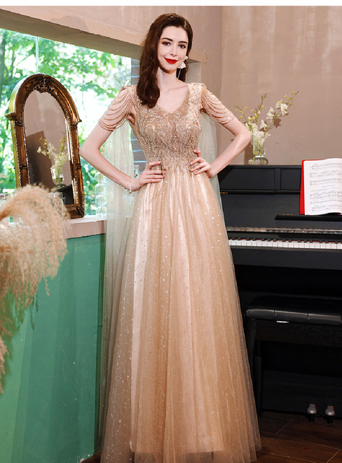 In Stock:Ship in 48 Hours Gold Sequins Beading Prom Dress