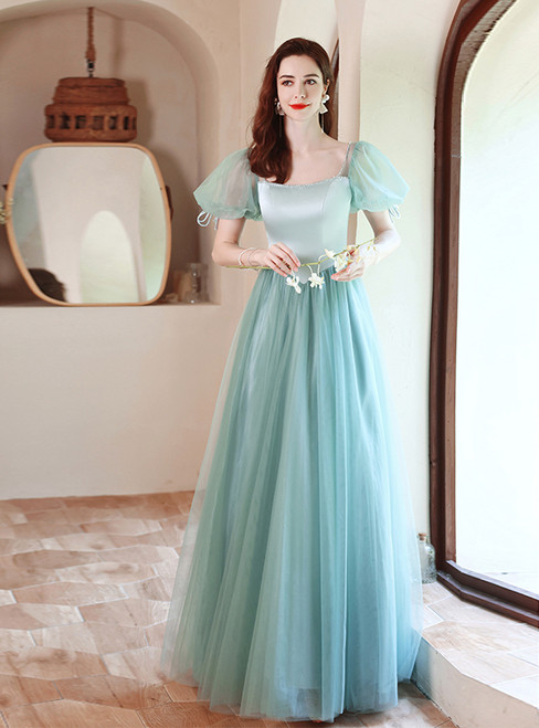 In Stock:Ship in 48 Hours Green Tulle Puff Sleeve Prom Dress