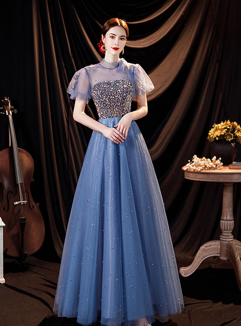 In Stock:Ship in 48 Hours Blue Sequins Puff Sleeve Prom Dress