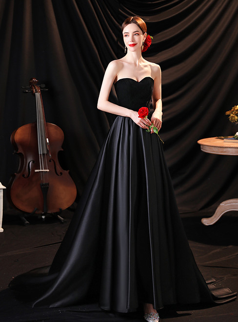 In Stock:Ship in 48 Hours Black Satin Sweetheart Prom Dress