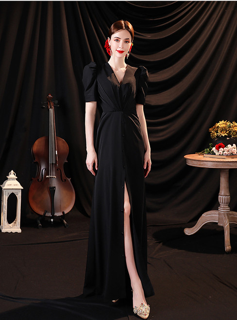 In Stock:Ship in 48 Hours Black V-neck Prom Dress