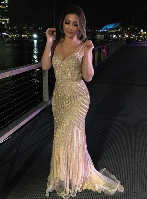 Sparkly Mermaid Long Evening Dresses with Spaghetti Straps