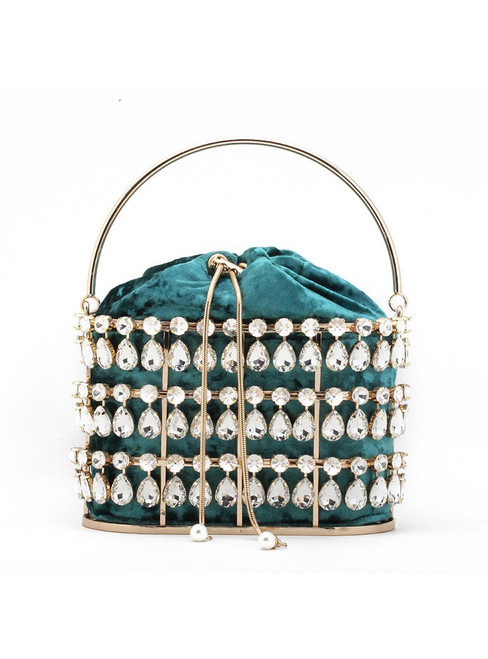 Women Green Crystal Metal Basket Dinner Bag