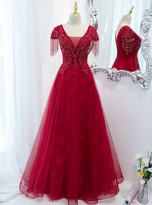 Burgundy Tulle V-neck Cap Sleeve Beading Prom Dress