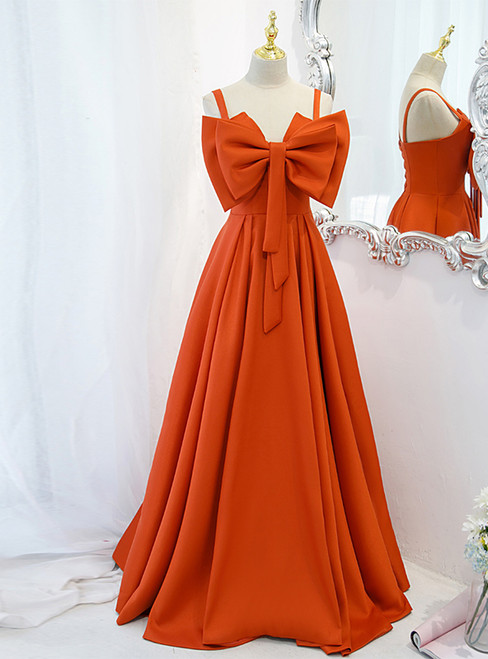 Orange Spaghetti Straps Bow Long Prom Dress