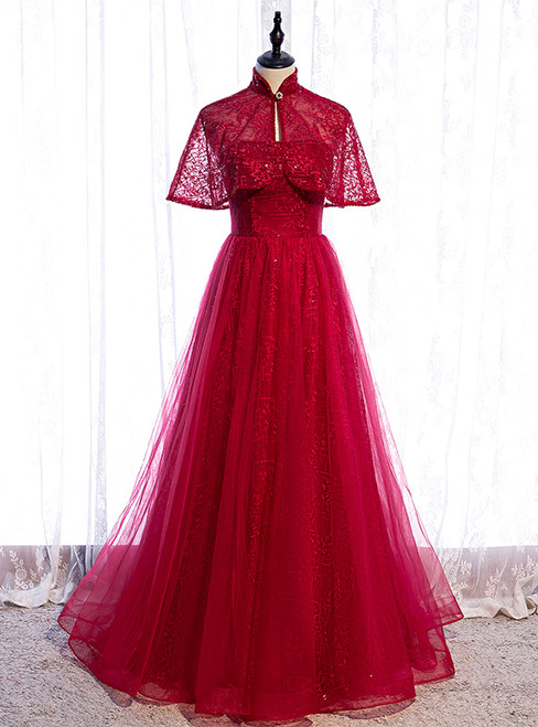 Burgundy Tulle Sequins Strapless Prom Dress With Shawl