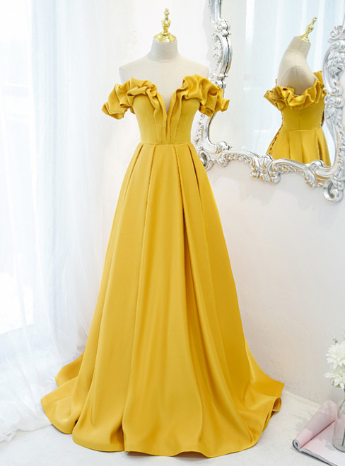 Vintage Yellow Satin Off the Shoulder Prom Dress