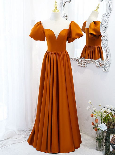 Orange Satin Puff Sleeve Illusion Neck Prom Dress