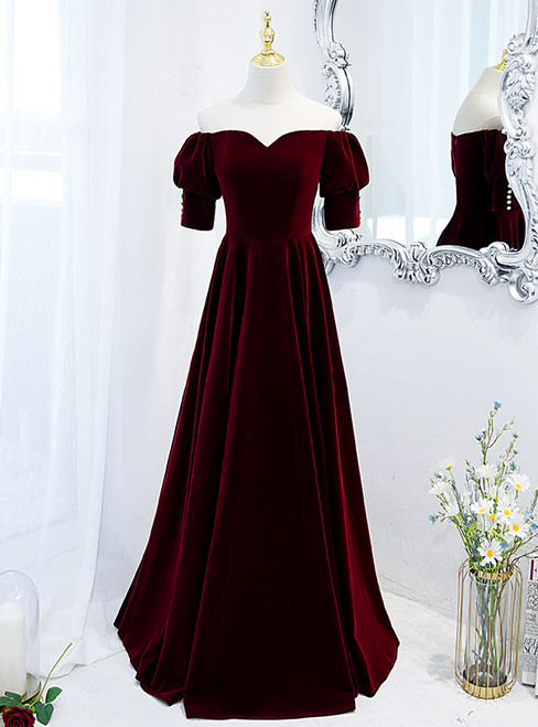 Burgundy Velvet Short Sleeve Long Prom Dress