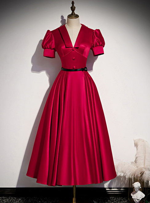 Burgundy Satin V-neck Puff Sleeve Prom Dress