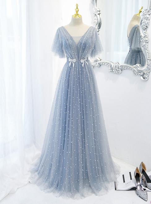 A-Line Blue Tulle Pearls V-neck Prom Dress