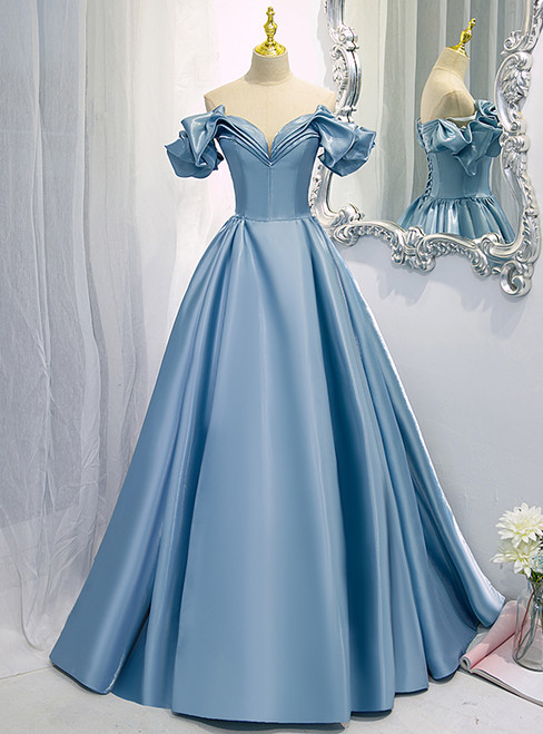 Sexy Blue Satin Off The Shoulder Prom Dress