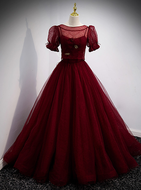 Burgundy Tulle Spaghetti Straps Prom Dress With Detachable Top