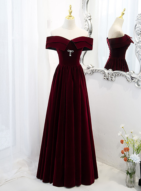 Burgundy Velvet Off the Shoulder Prom Dress