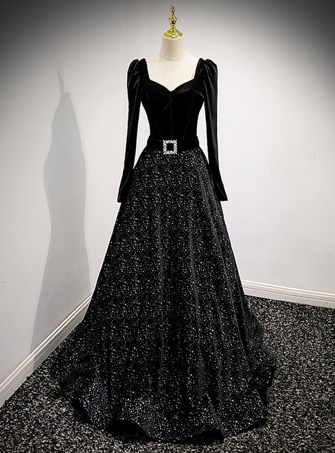 Black Tulle Sequins Long Sleeve Prom Dress