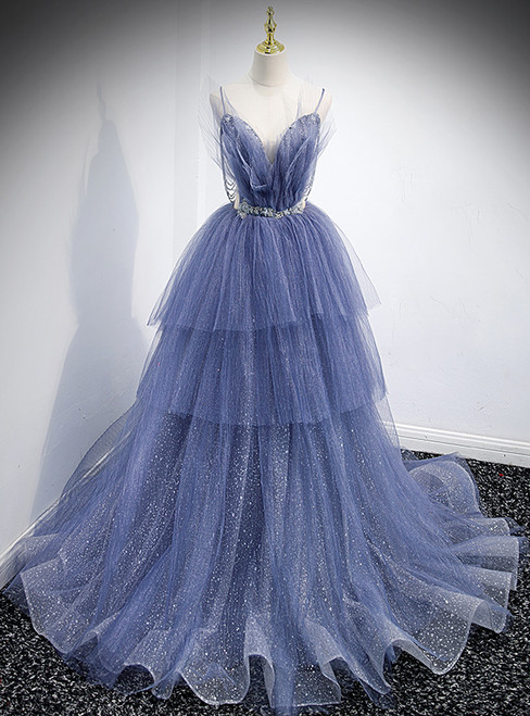 Sexy Blue Tulle Sequins Spaghetti Straps Beading Prom Dress 