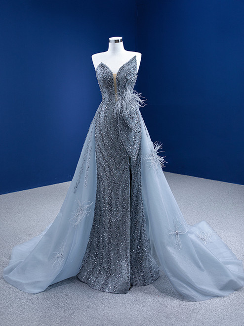 Classic Silver Grey Sleeveless Mermaid Prom Dress with Feathers main image 1