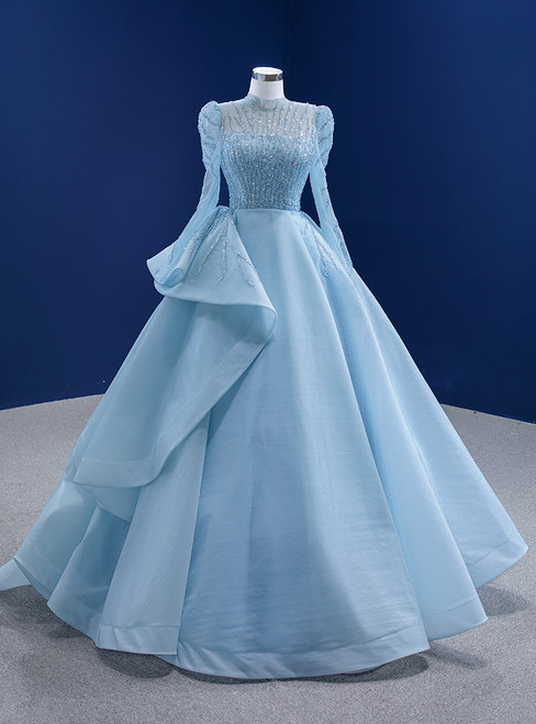 Light Blue High Neck Beading Sequins Prom Dress