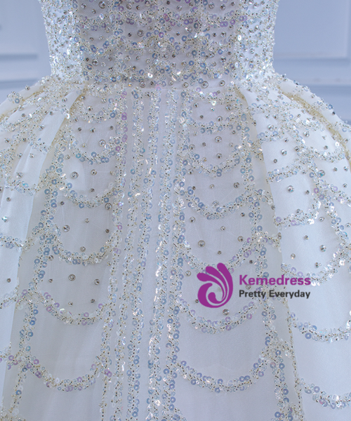 White Tulle Sequins Beading Heavy Work Wedding Dress