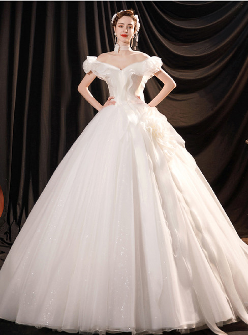 In Stock:Ship in 48 Hours Fashion White Tulle Off the Shoulder Wedding Dress