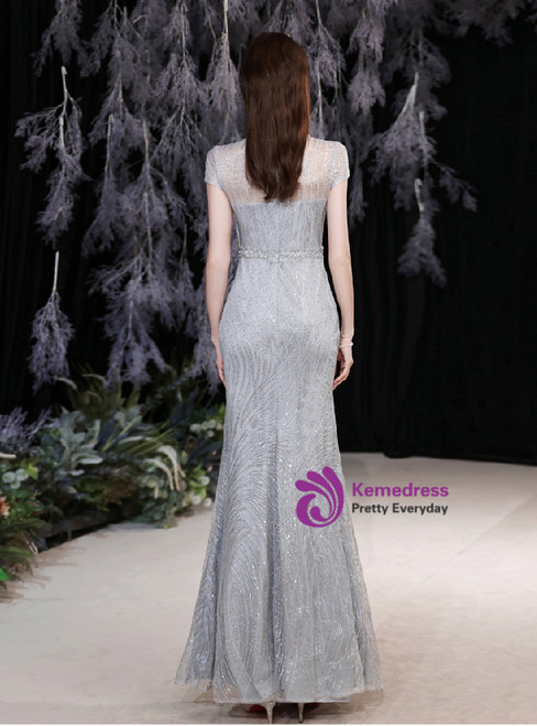 Cap Sleeves Sequins LACE Mermaid Dress Silver