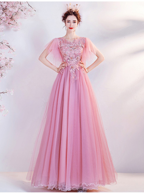 In Stock:Ship in 48 Hours Pink Tulle Embroidery Appliques Prom Dress