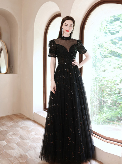 In Stock:Ship in 48 Hours Black Sequins Beading Short Sleeve Prom Dress