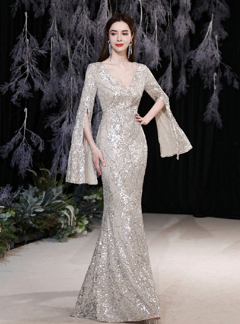In Stock:Ship in 48 Hours Silver Mermaid Sequins Long Sleeve Prom Dress