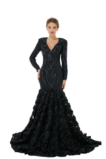 Black Mermaid V-neck Long Sleeve Sequins Prom Dress