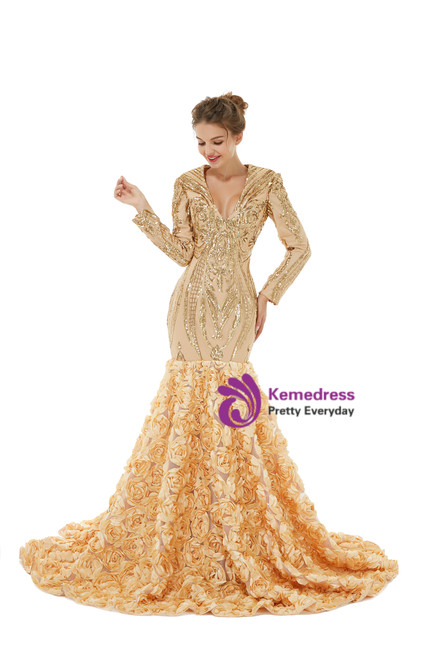 Trendy Shinning Gold Deep V neck Mermaid Prom Gown SREAL177