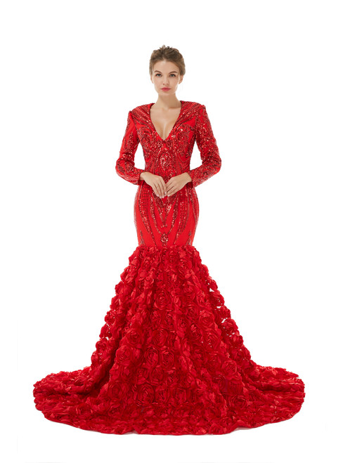 Red Mermaid V-neck Long Sleeve Sequins Prom Dress