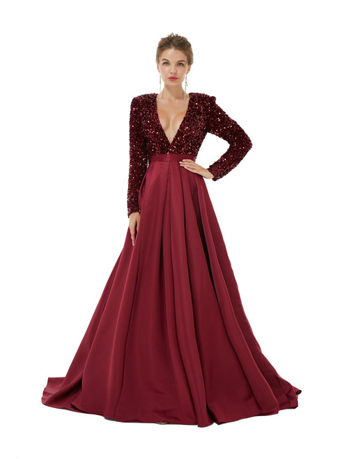 Burgundy Satin Sequins V-neck Long Sleeve Prom Dress With Split