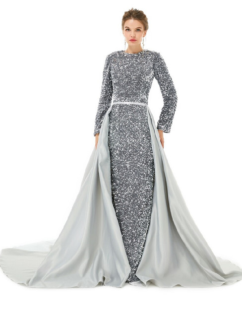 Silver Gray Mermaid Sequins Long Sleeve Prom Dress