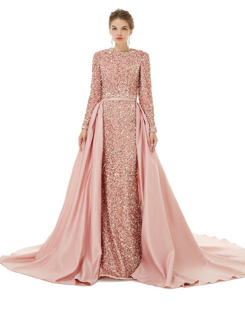 Pink Mermaid Sequins Long Sleeve Prom Dress