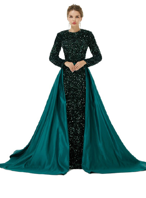 Green Mermaid Sequins Satin Long Sleeve Prom Dress