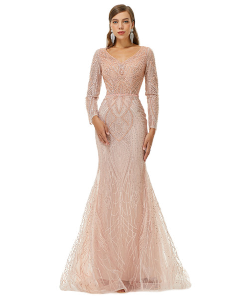 Pink Mermaid Tulle Beading Long Sleeve Prom Dress